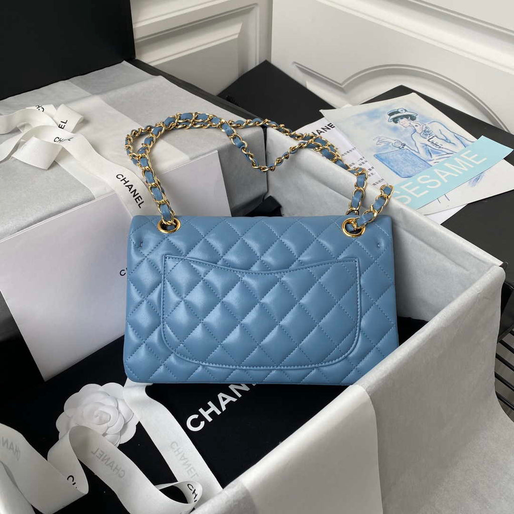 Chanel A01113 Flap Handbag Classic Bag Lambskin Sky Blue Gold