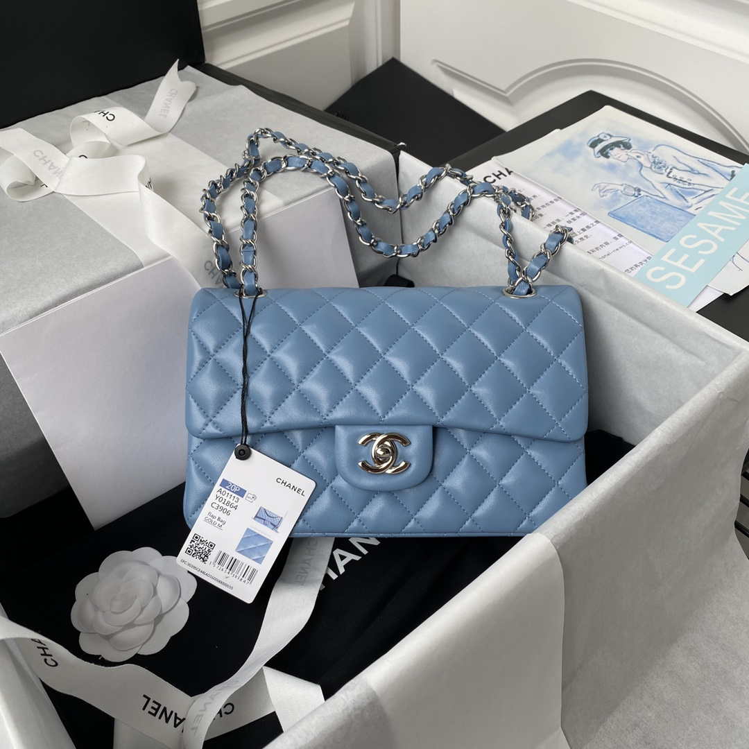 Chanel A01113 Flap Handbag Classic Bag Lambskin Sky Blue Silver - Default Title - View 1