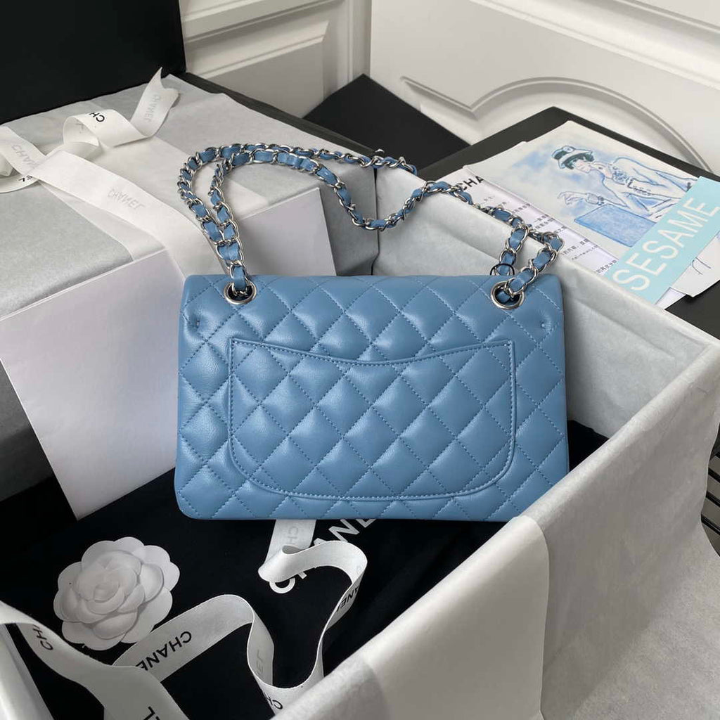 Chanel A01113 Flap Handbag Classic Bag Lambskin Sky Blue Silver