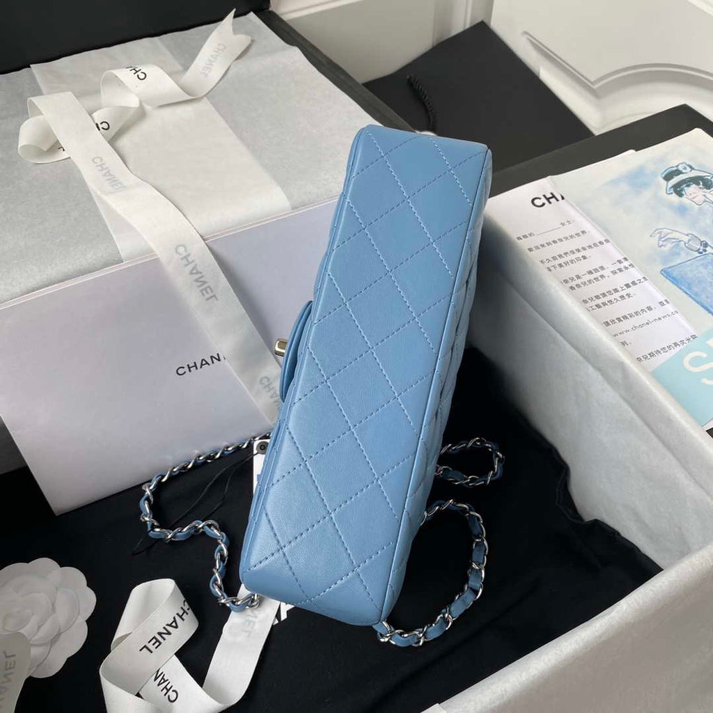 Chanel A01113 Flap Handbag Classic Bag Lambskin Sky Blue Silver