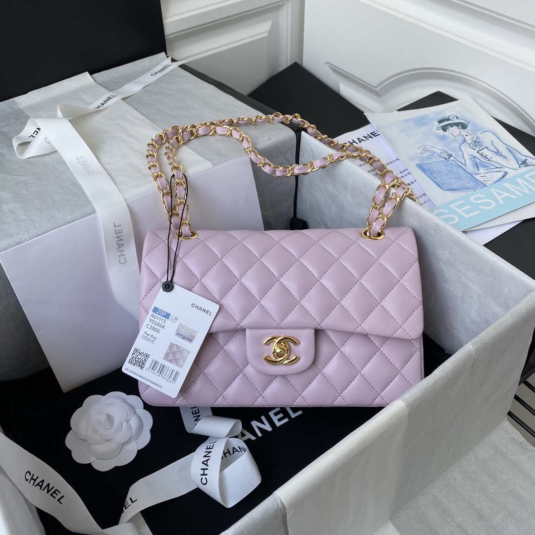 Chanel A01113 Flap Handbag Classic Bag Light Pink Lambskin Gold
