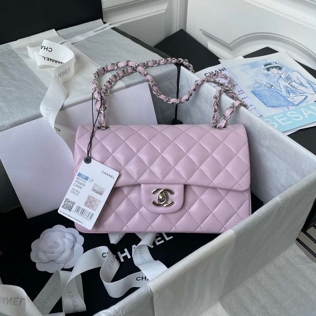 Chanel A01113 Flap Handbag Classic Bag Light Pink Lambskin Silver