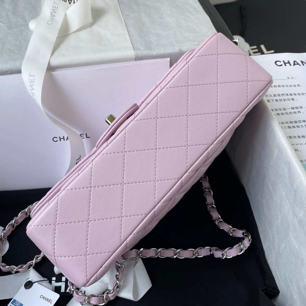 Chanel A01113 Flap Handbag Classic Bag Light Pink Lambskin Silver