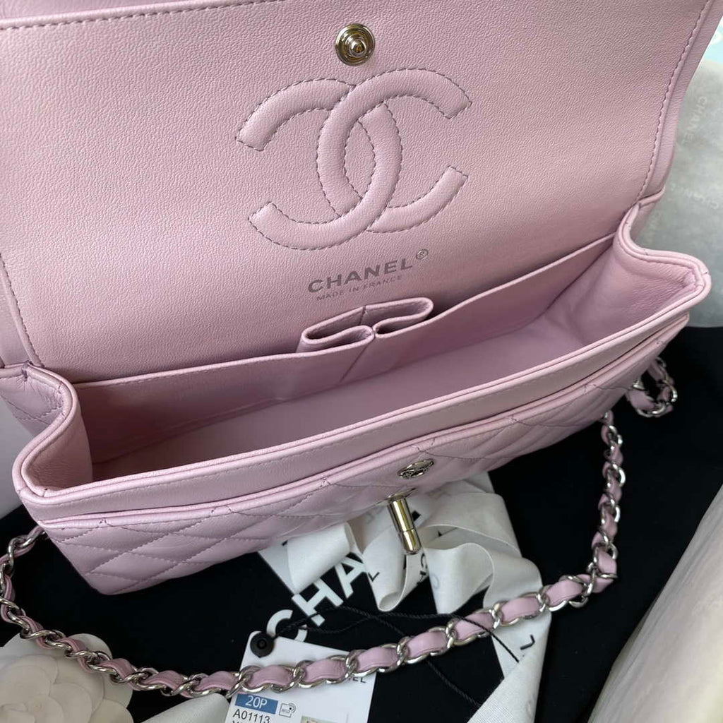 Chanel A01113 Flap Handbag Classic Bag Light Pink Lambskin Silver