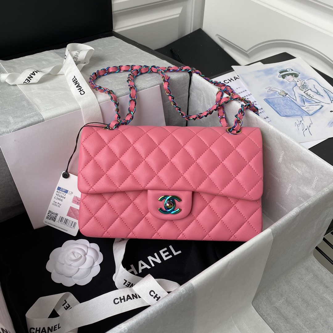 Chanel A01113 Flap Handbag Classic Bag Pink Lambskin with Blue Hardware - Default Title - View 1