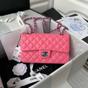 Chanel A01113 Flap Handbag Classic Bag Pink Lambskin with Blue Hardware - Default Title - View 1