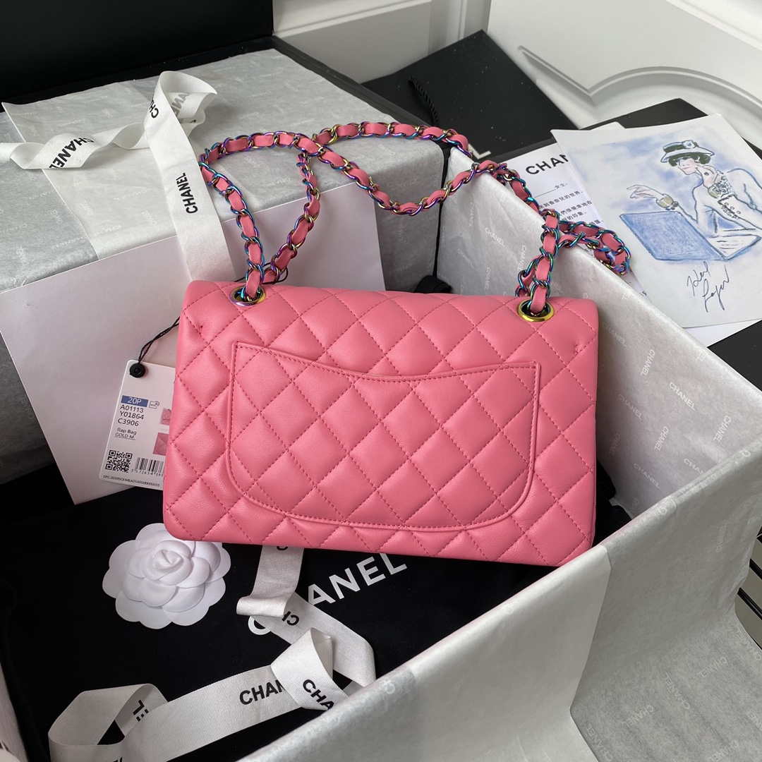 Chanel A01113 Flap Handbag Classic Bag Pink Lambskin with Blue Hardware