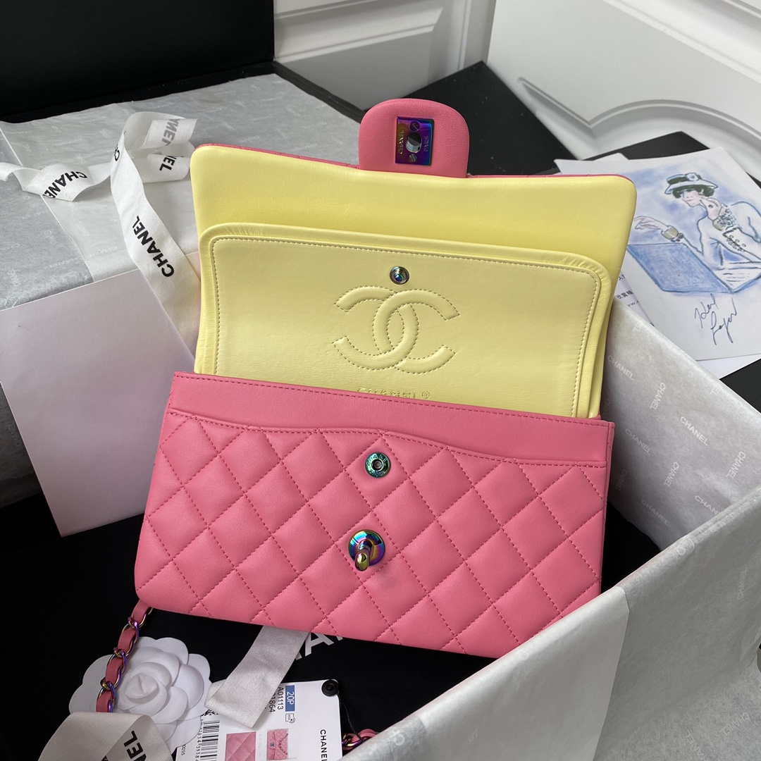 Chanel A01113 Flap Handbag Classic Bag Pink Lambskin with Blue Hardware