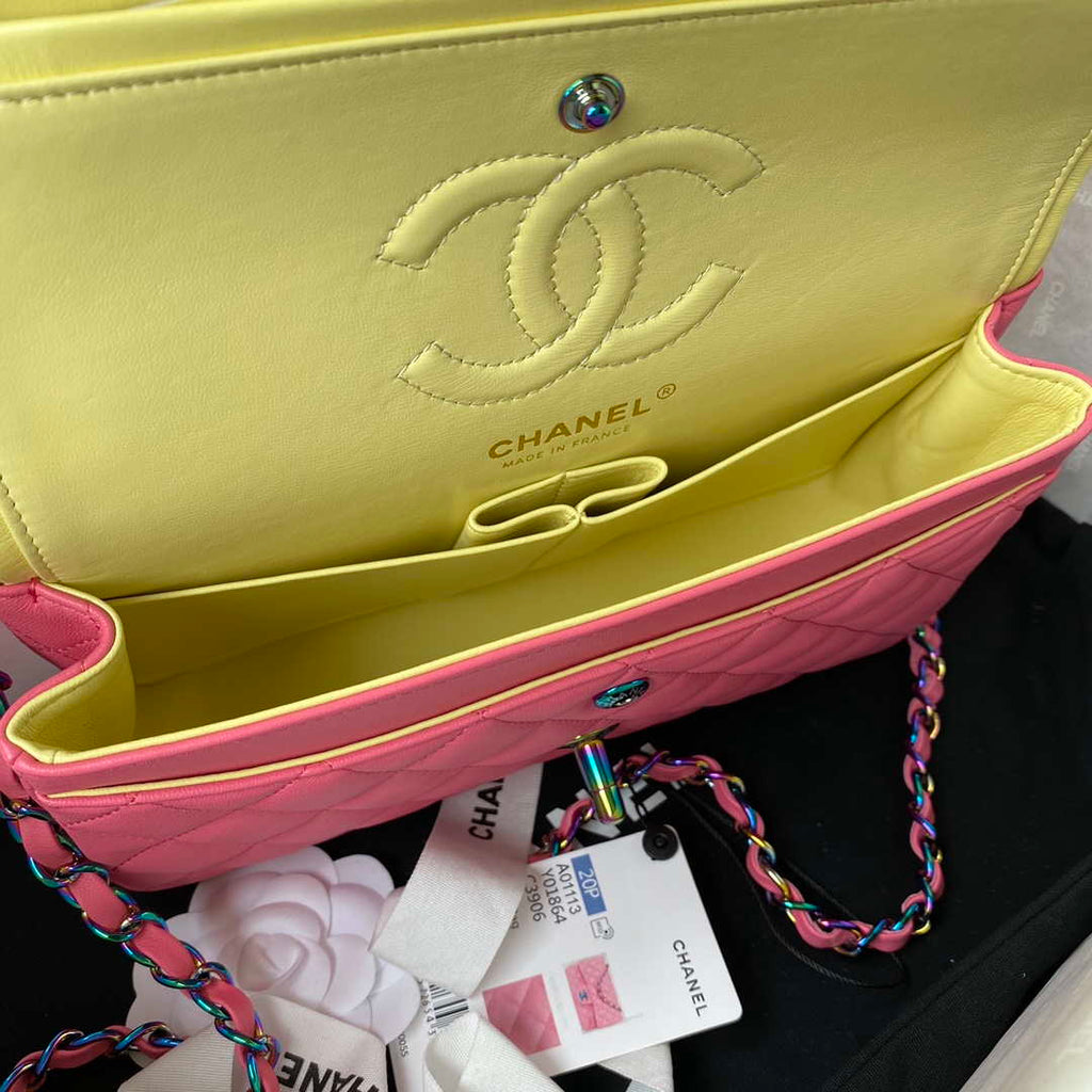 Chanel A01113 Flap Handbag Classic Bag Pink Lambskin with Blue Hardware