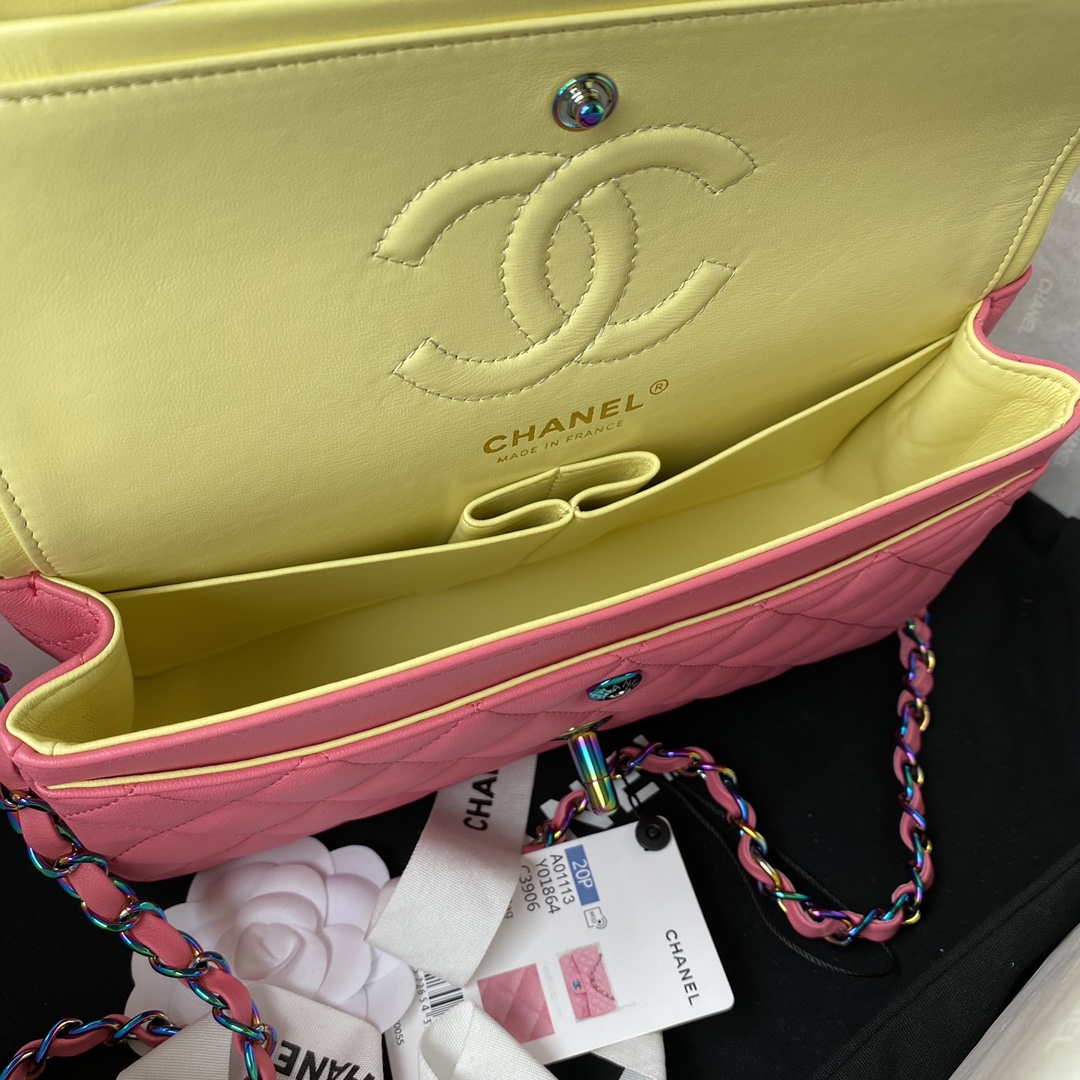 Chanel A01113 Flap Handbag Classic Bag Pink Lambskin with Blue Hardware - Default Title - View 8