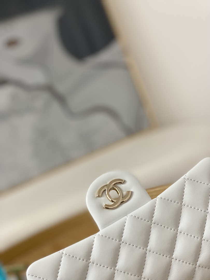 Chanel A01113 Flap Handbag Classic Bag White Lambskin Gold With Ball
