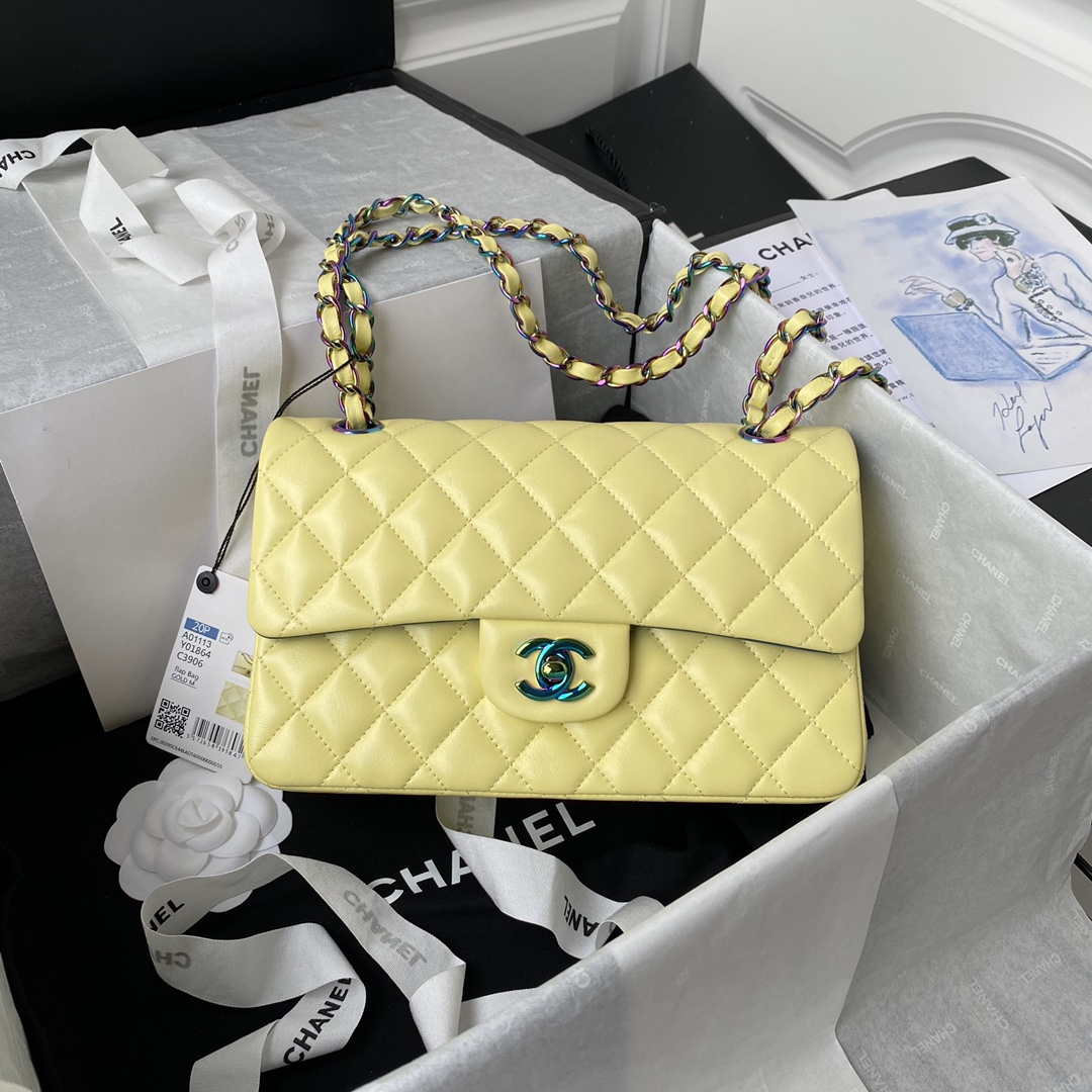 Chanel A01113 Flap Handbag Classic Bag Yellow Lambskin with Blue Hardware - Default Title - View 1
