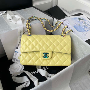 Chanel A01113 Flap Handbag Classic Bag Yellow Lambskin with Blue Hardware - Default Title - View 1