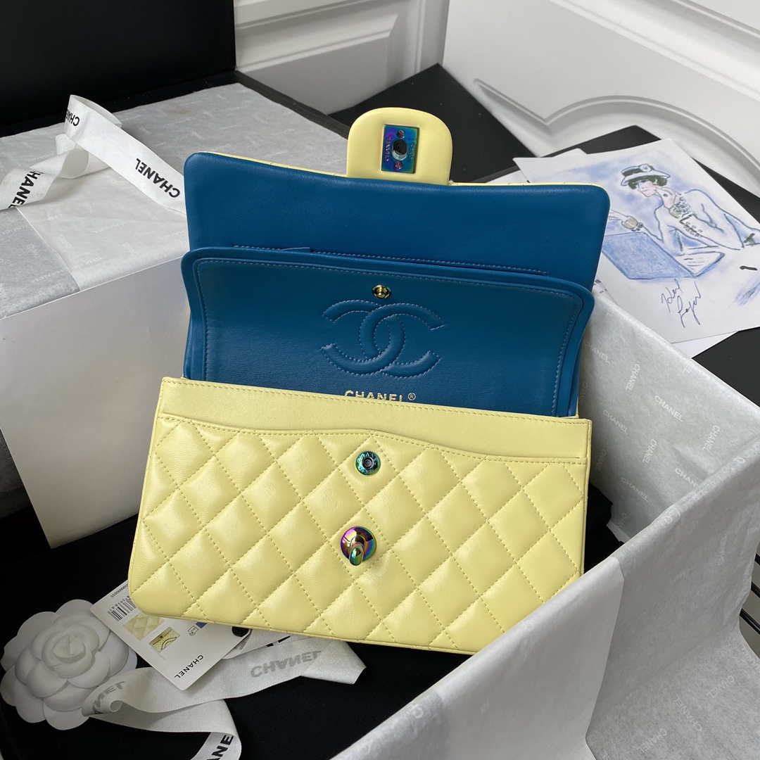 Chanel A01113 Flap Handbag Classic Bag Yellow Lambskin with Blue Hardware - Default Title - View 7
