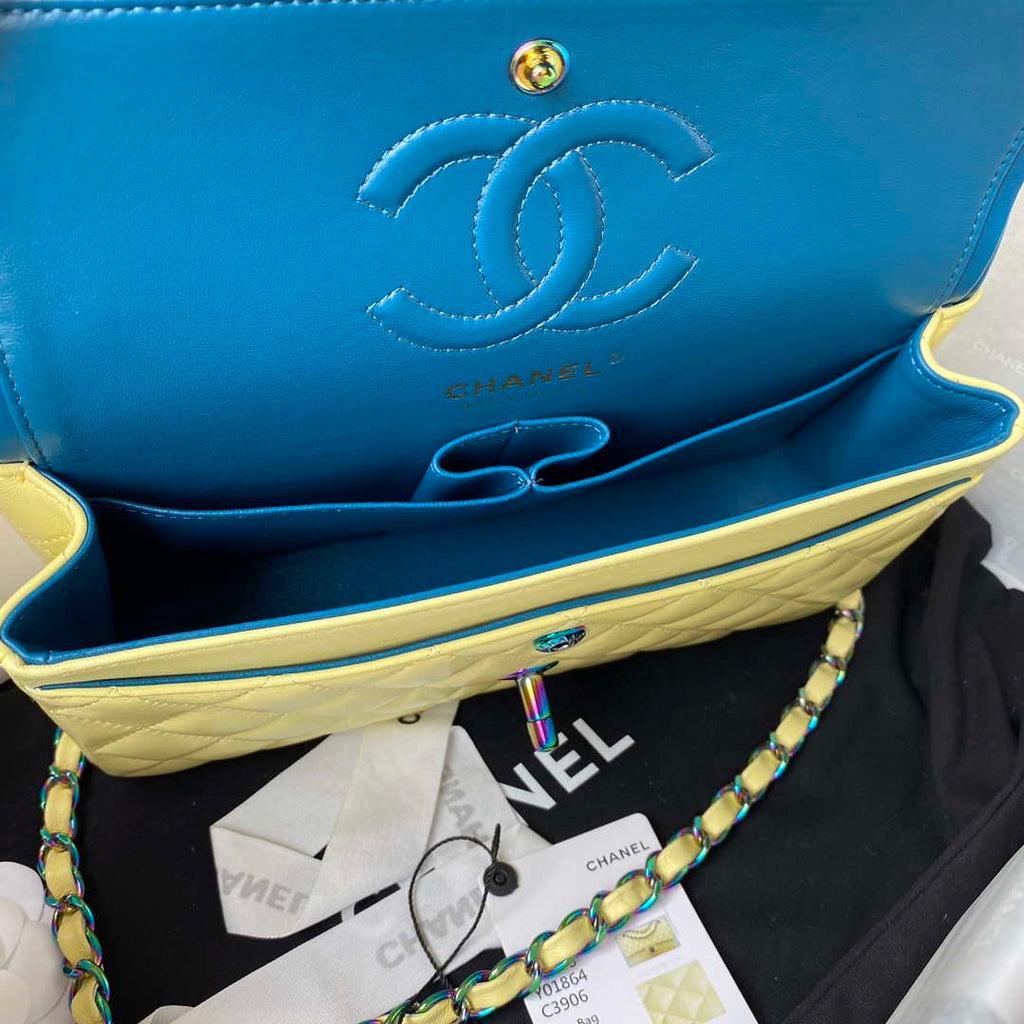 Chanel A01113 Flap Handbag Classic Bag Yellow Lambskin with Blue Hardware
