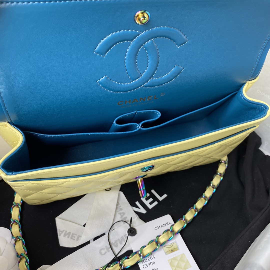 Chanel A01113 Flap Handbag Classic Bag Yellow Lambskin with Blue Hardware - Default Title - View 8