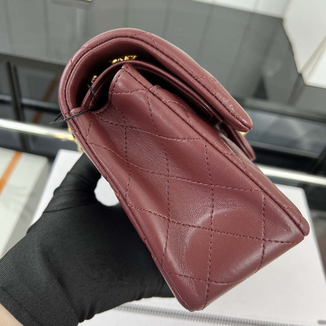 Chanel A01117 Flap Handbag Classic Bag Wine Red Lambskin - Gold - View 13