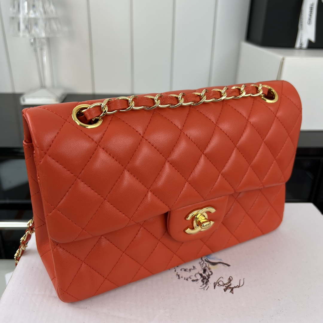Chanel A01117 Flap Handbag Classic Bag Orange Lambskin - Gold - View 3