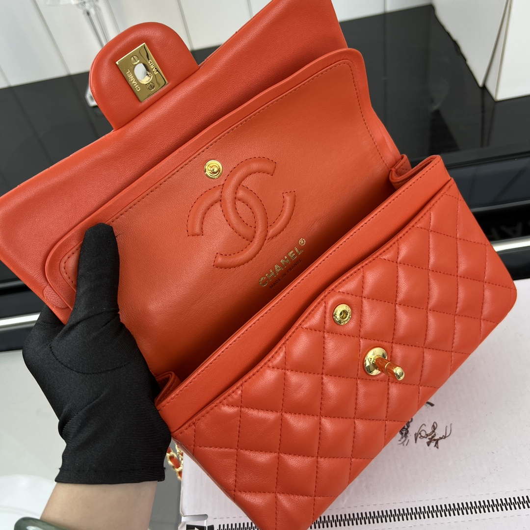 Chanel A01117 Flap Handbag Classic Bag Orange Lambskin - Gold - View 7