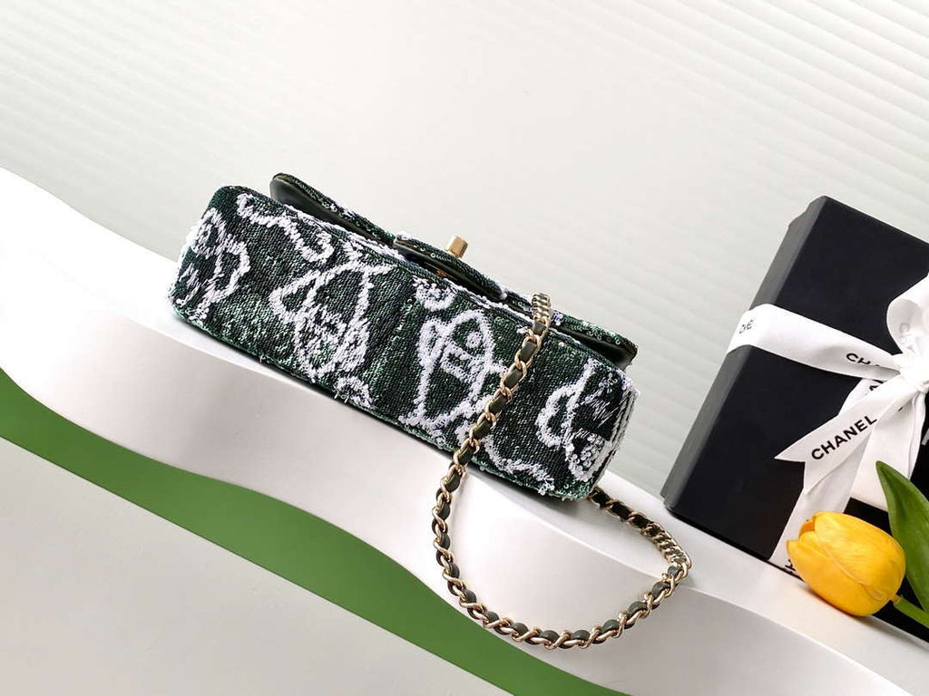 Chanel A09888 25C Evening Green & white sequin mini AS4561  limited edition Lambskin