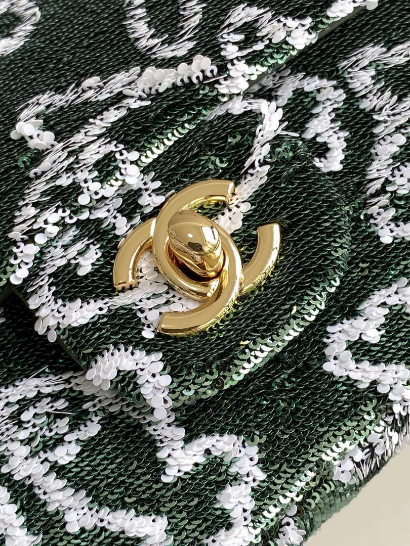 Chanel A09888 25C Evening Green & white sequin mini AS4561  limited edition Lambskin