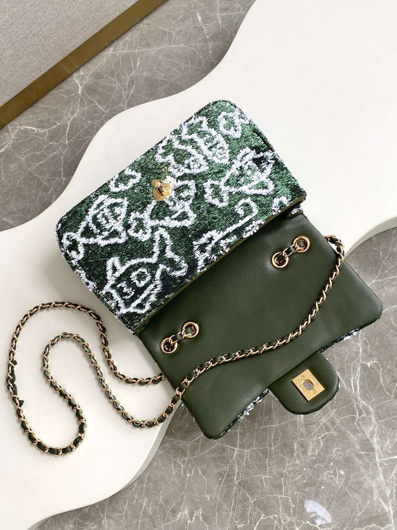 Chanel A09888 25C Evening Green & white sequin mini AS4561  limited edition Lambskin