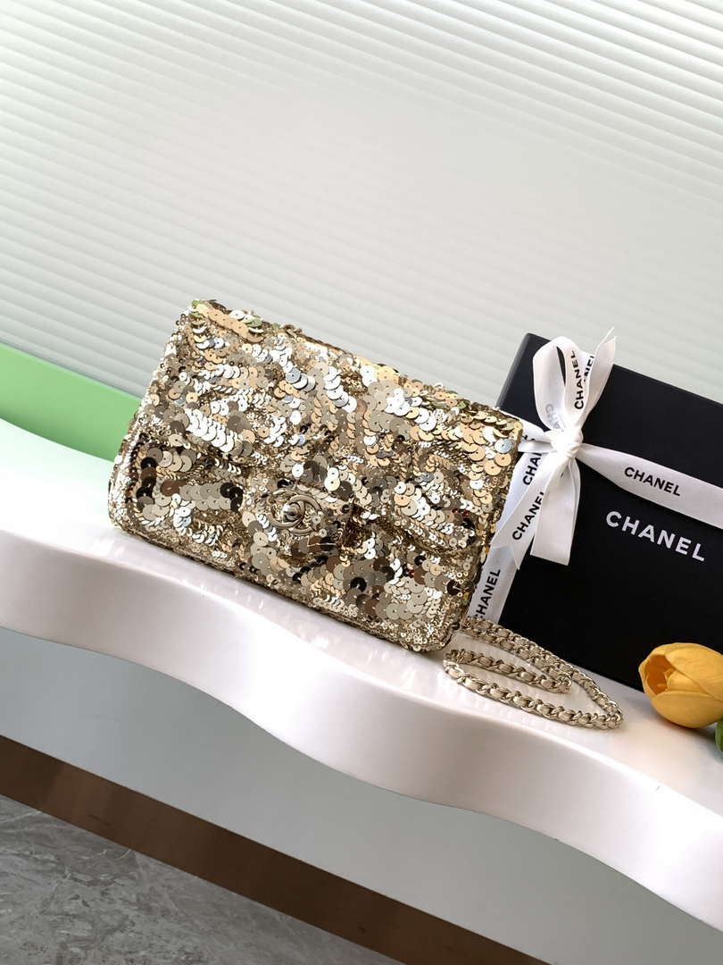 Chanel A09888 25C Evening Gold sequin mini AS4561  limited edition Lambskin