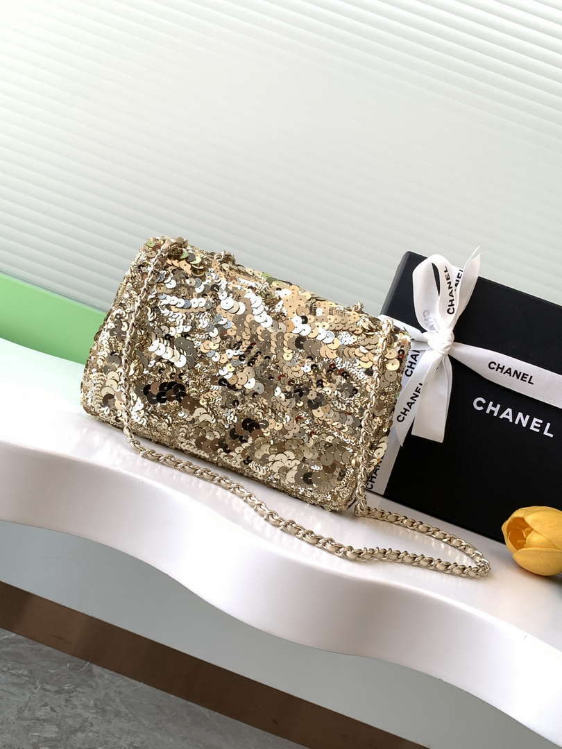 Chanel A09888 25C Evening Gold sequin mini AS4561  limited edition Lambskin