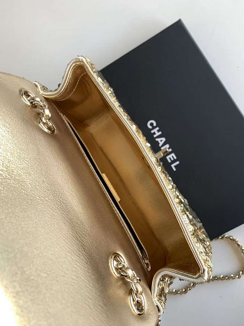 Chanel A09888 25C Evening Gold sequin mini AS4561  limited edition Lambskin