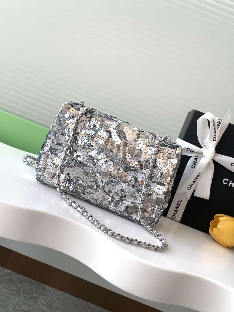 Chanel A09888 25C Evening Silver sequin mini AS4561  limited edition Lambskin