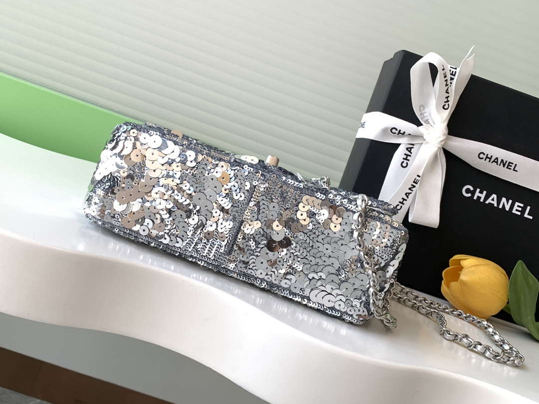 Chanel A09888 25C Evening Silver sequin mini AS4561  limited edition Lambskin