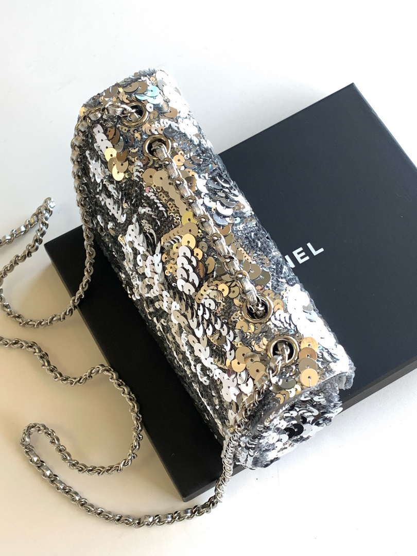 Chanel A09888 25C Evening Silver sequin mini AS4561  limited edition Lambskin