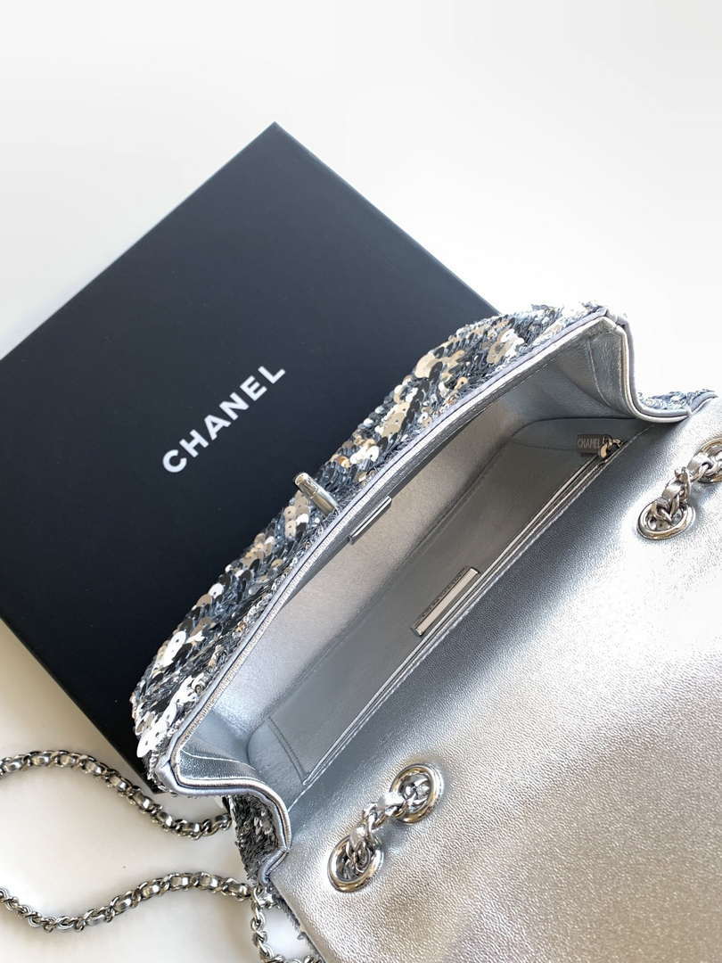 Chanel A09888 25C Evening Silver sequin mini AS4561  limited edition Lambskin