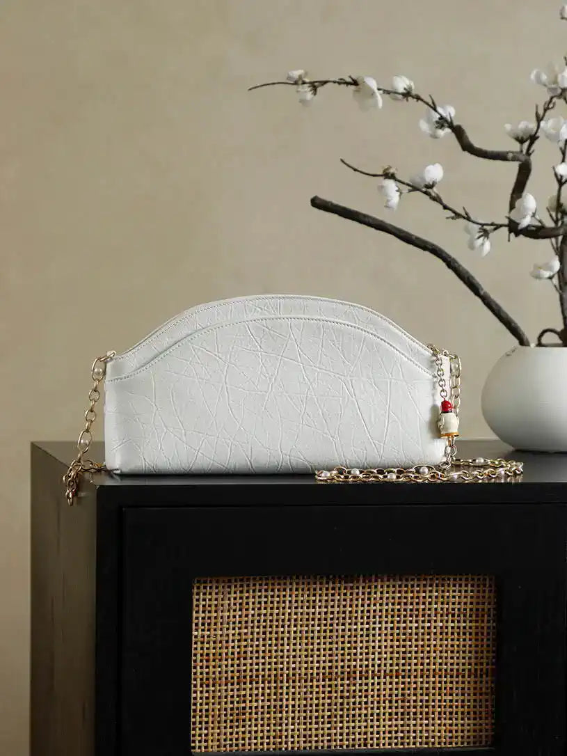 Chanel A1097 Felt hat-shaped badge pearl chain bag White