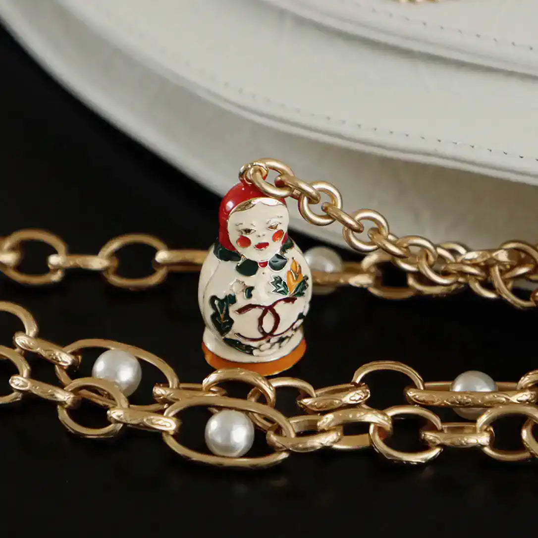 Chanel A1097 Felt hat-shaped badge pearl chain bag White