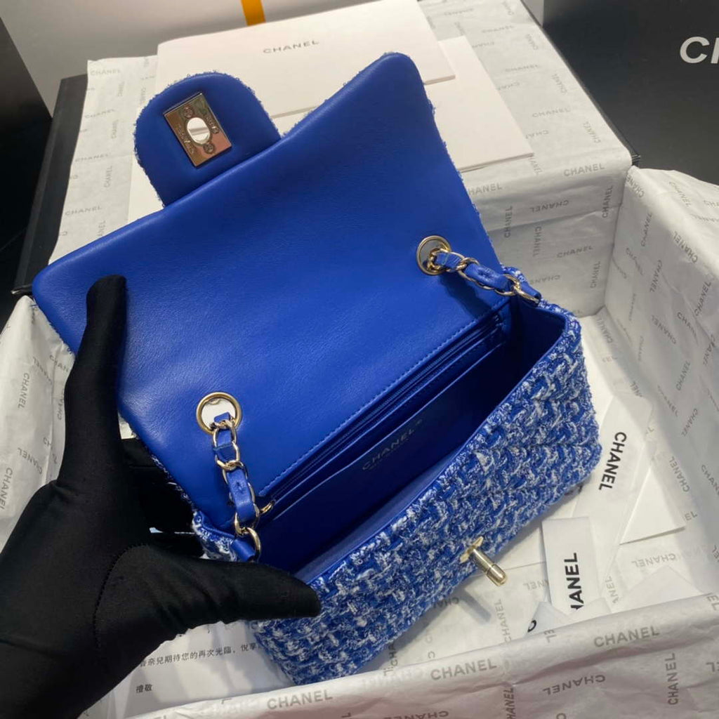 Chanel A1116 Mini Flap Classic Handbag Tweed & Gold-Tone Metal Blue