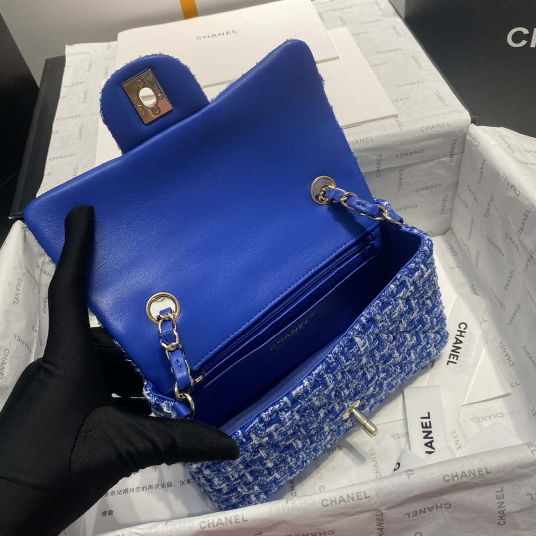 Chanel A1116 Mini Flap Classic Handbag Tweed & Gold-Tone Metal Blue