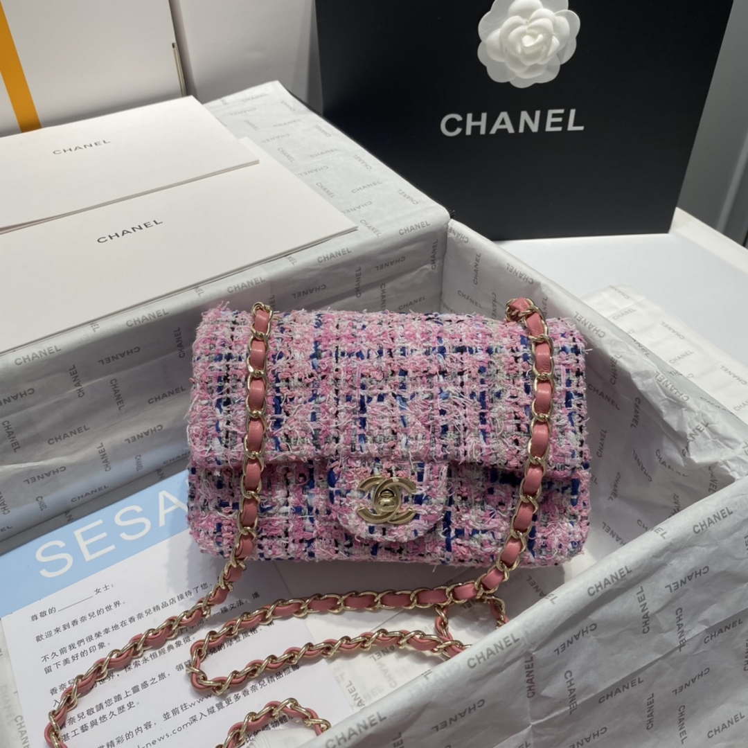 Chanel A1116 Mini Flap Classic Handbag Tweed & Gold-Tone Metal Pink