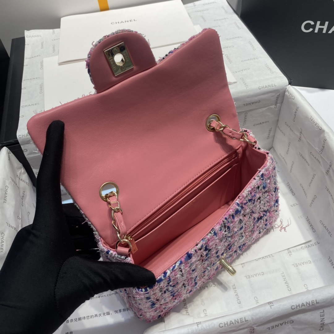Chanel A1116 Mini Flap Classic Handbag Tweed & Gold-Tone Metal Pink - Default Title - View 6