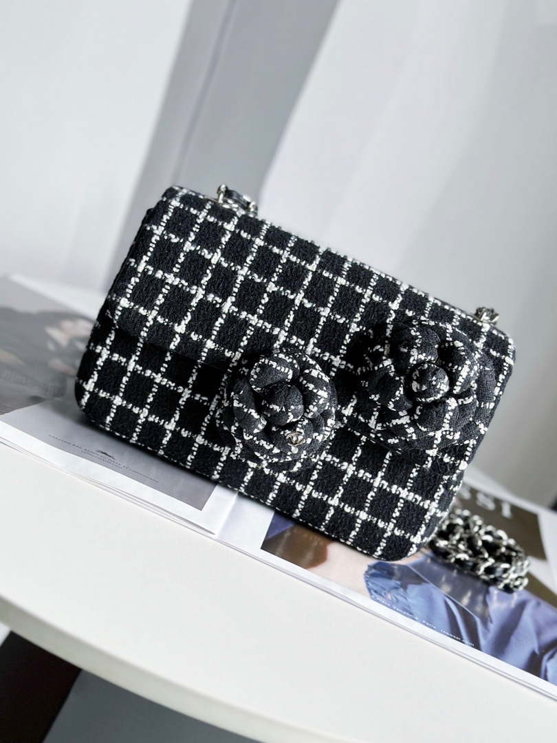 Chanel A1116 Mini Flap Classic Handbag Tweed & Silver-Tone Metal Black - Default Title - View 1