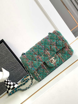 Chanel A1116 Mini Flap Classic Handbag Tweed & Silver-Tone Metal Green - Default Title - View 1