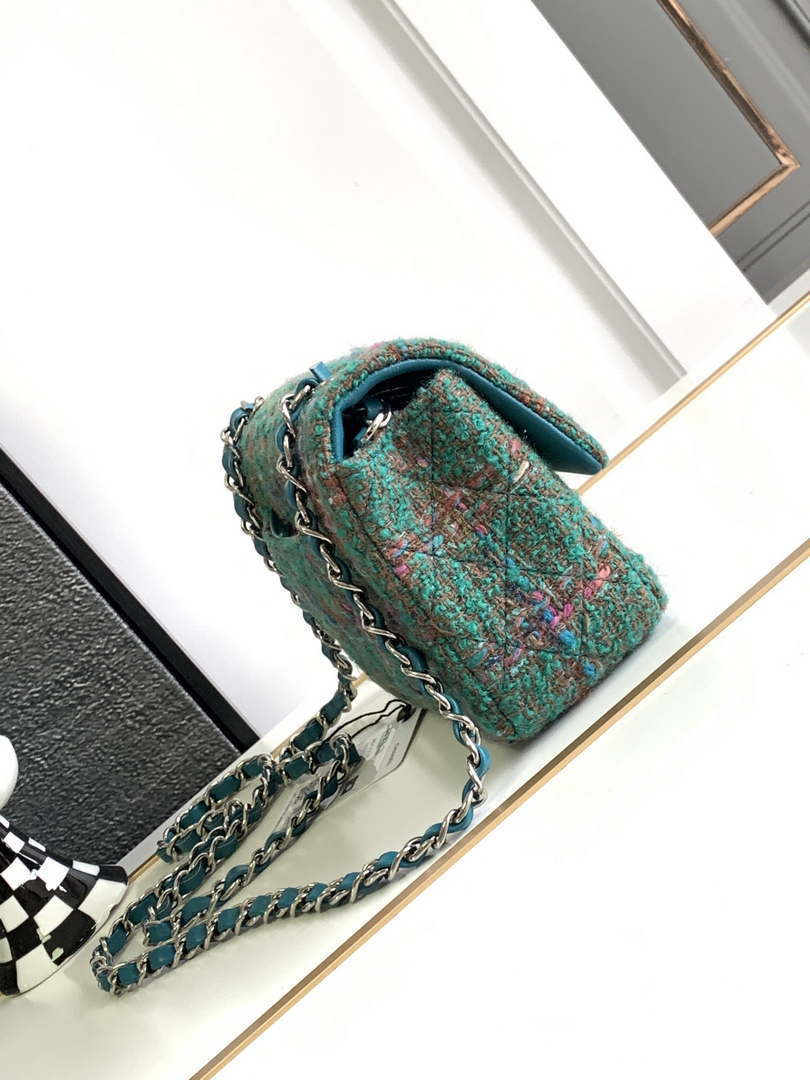 Chanel A1116 Mini Flap Classic Handbag Tweed & Silver-Tone Metal Green