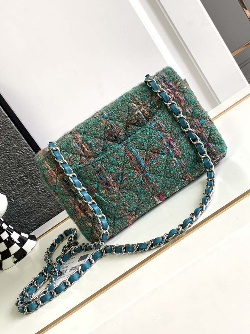 Chanel A1116 Mini Flap Classic Handbag Tweed & Silver-Tone Metal Green