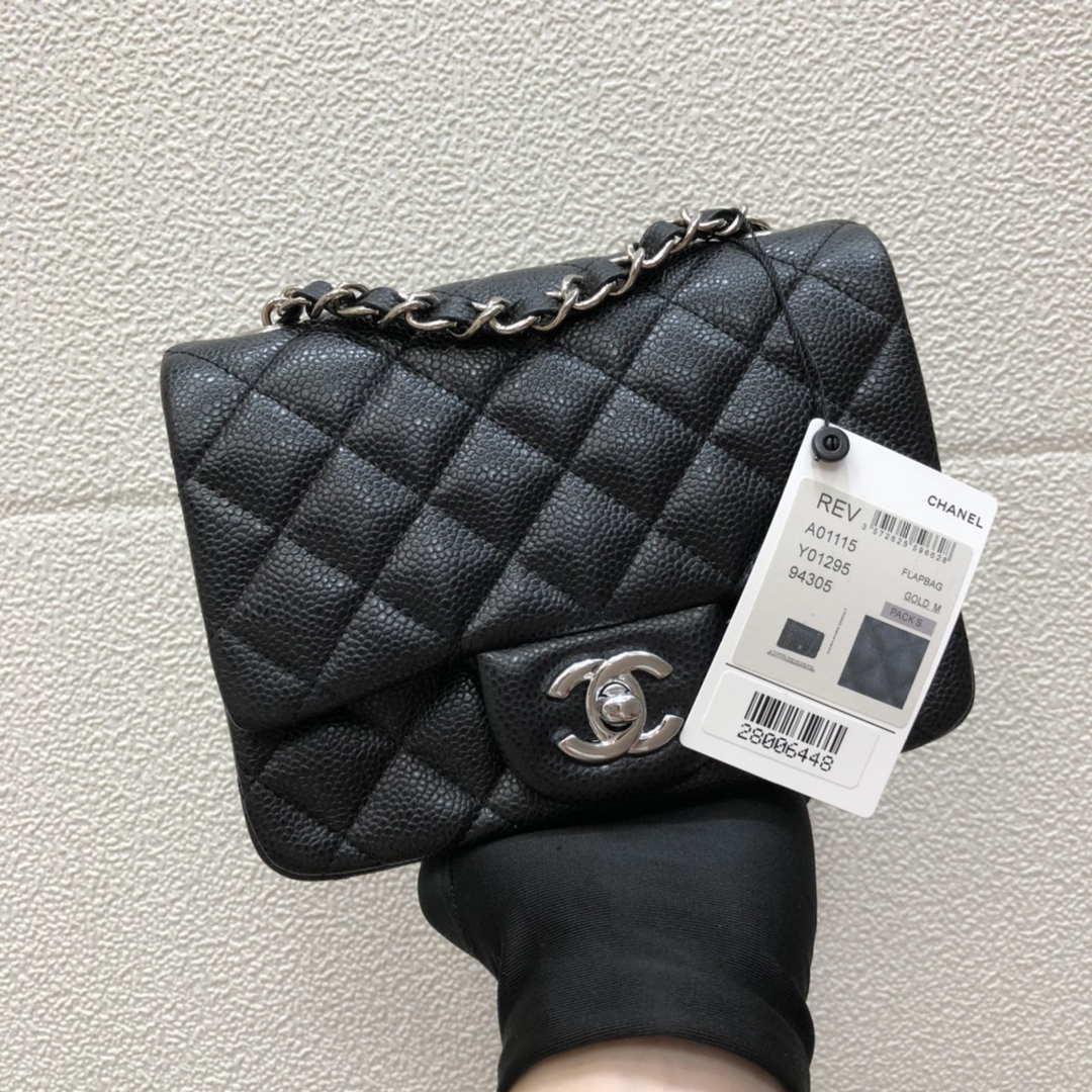 Chanel A35200 Mini Flap Bag 17cm Grained Calfskin Black Silver - Default Title - View 1