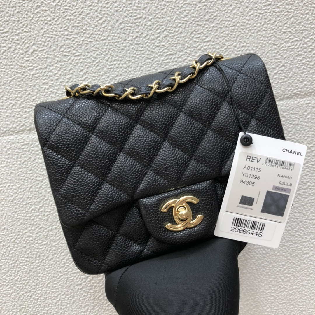 Chanel A35200 Mini Flap Bag 17cm Grained Calfskin Black Gold - Default Title - View 1