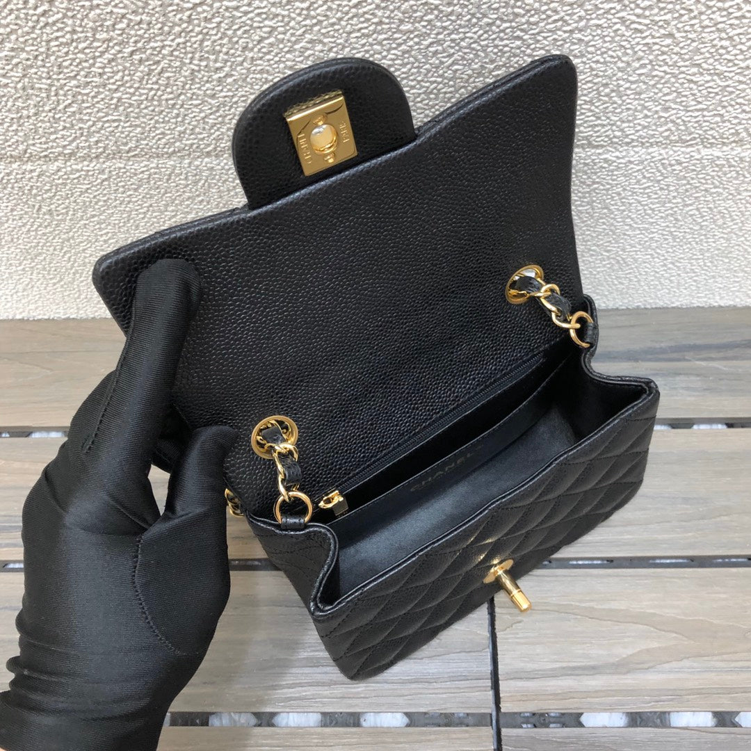 Chanel A35200 Mini Flap Bag 17cm Grained Calfskin Black Gold