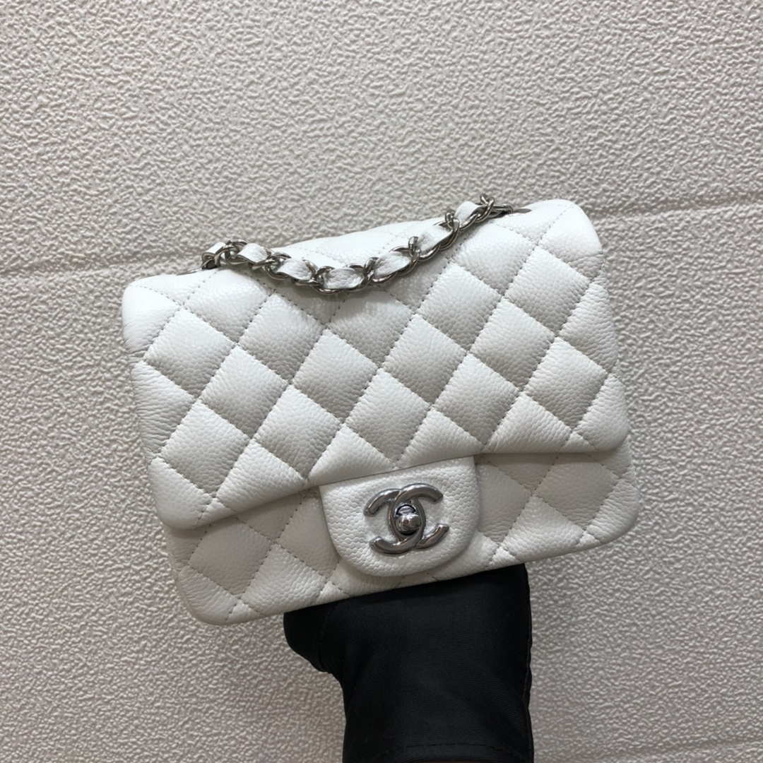 Chanel A35200 Mini Flap Bag 17cm Grained Calfskin Whiet Silver - Default Title - View 1