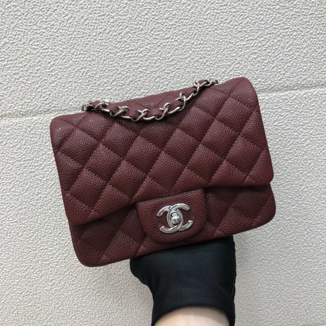 Chanel A35200 Mini Flap Bag 17cm Grained Calfskin Wine Red Silver - Default Title - View 1