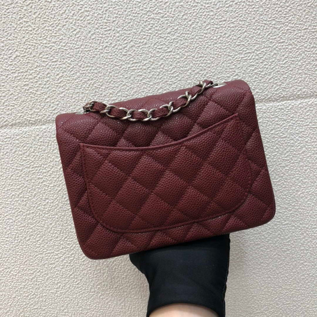 Chanel A35200 Mini Flap Bag 17cm Grained Calfskin Wine Red Silver