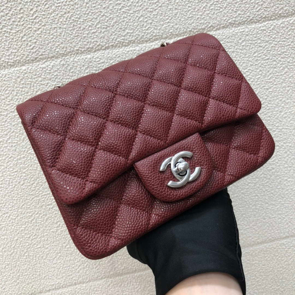 Chanel A35200 Mini Flap Bag 17cm Grained Calfskin Wine Red Silver